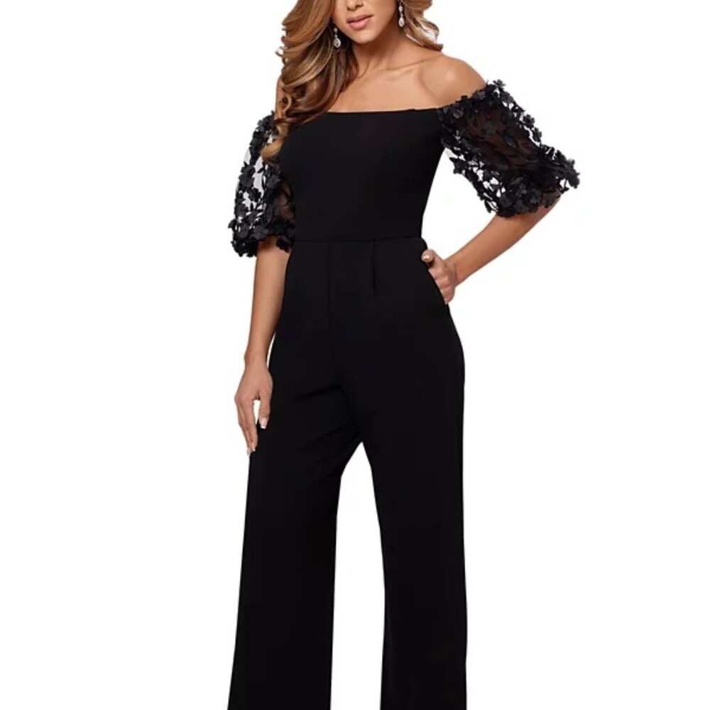 XSCAPE Floral-Sleeve Off-The-Shoulder Jumpsuit Black Petite Size 6P
